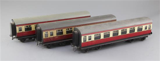 A set of three BR blood and custard corridor coaches, one boxed